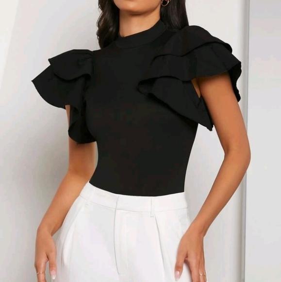 Mock Neck Exaggerated Ruffle Trim Bodysuit - Picture 3 of 4